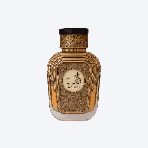 Perfume árabe Watani da marca Al Wataniah – frasco dourado com detalhes luxuosos