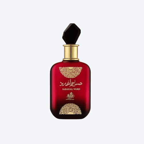 Perfume árabe Sabah Al Ward da marca Al Wataniah – frasco vermelho e dourado